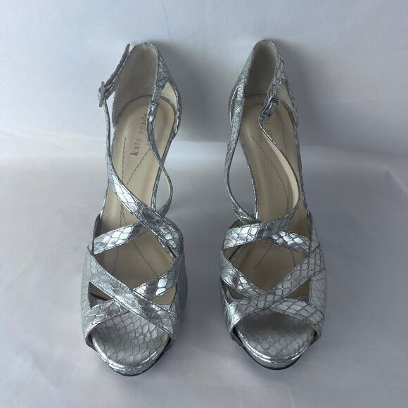 KATE SPADE Open Toe Gold Metallic Snake Skin Stamped Heels Women's Sz7 B - Picture 6 of 9